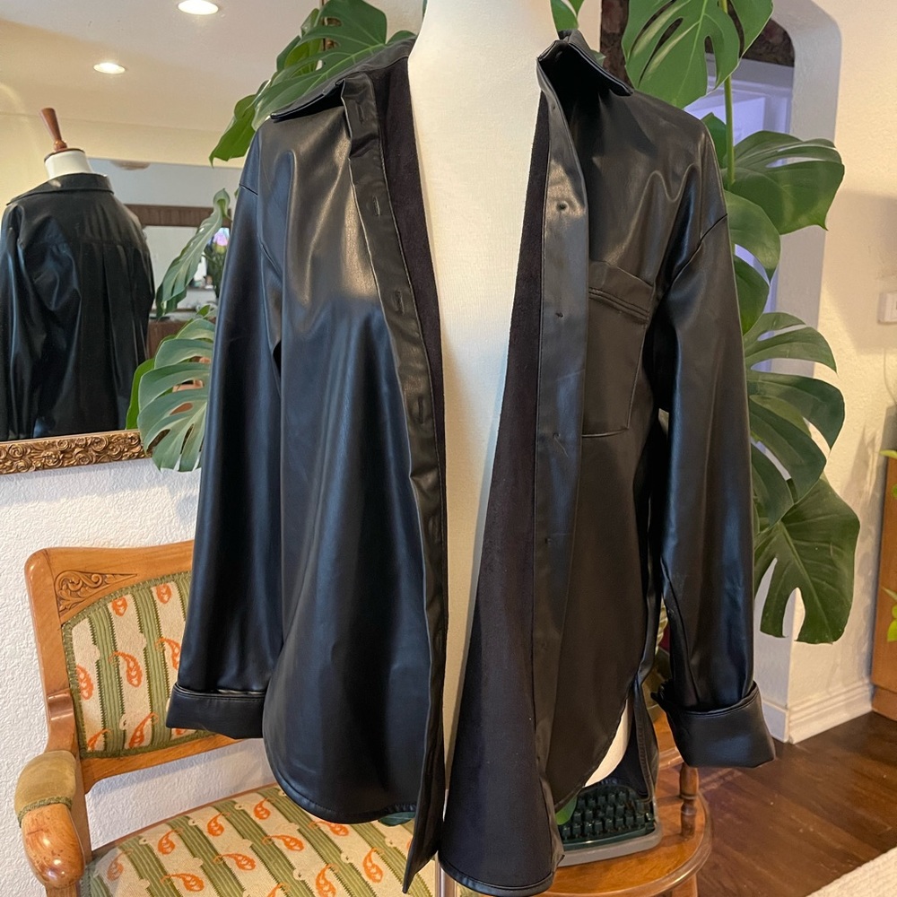 Zara, black, faux leather button down, long, slightly oversized